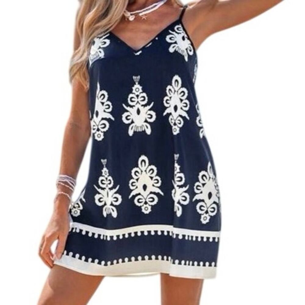 Emery Rose navy blue and white V-neck boho print cami mini dress. XL - Picture 4 of 7